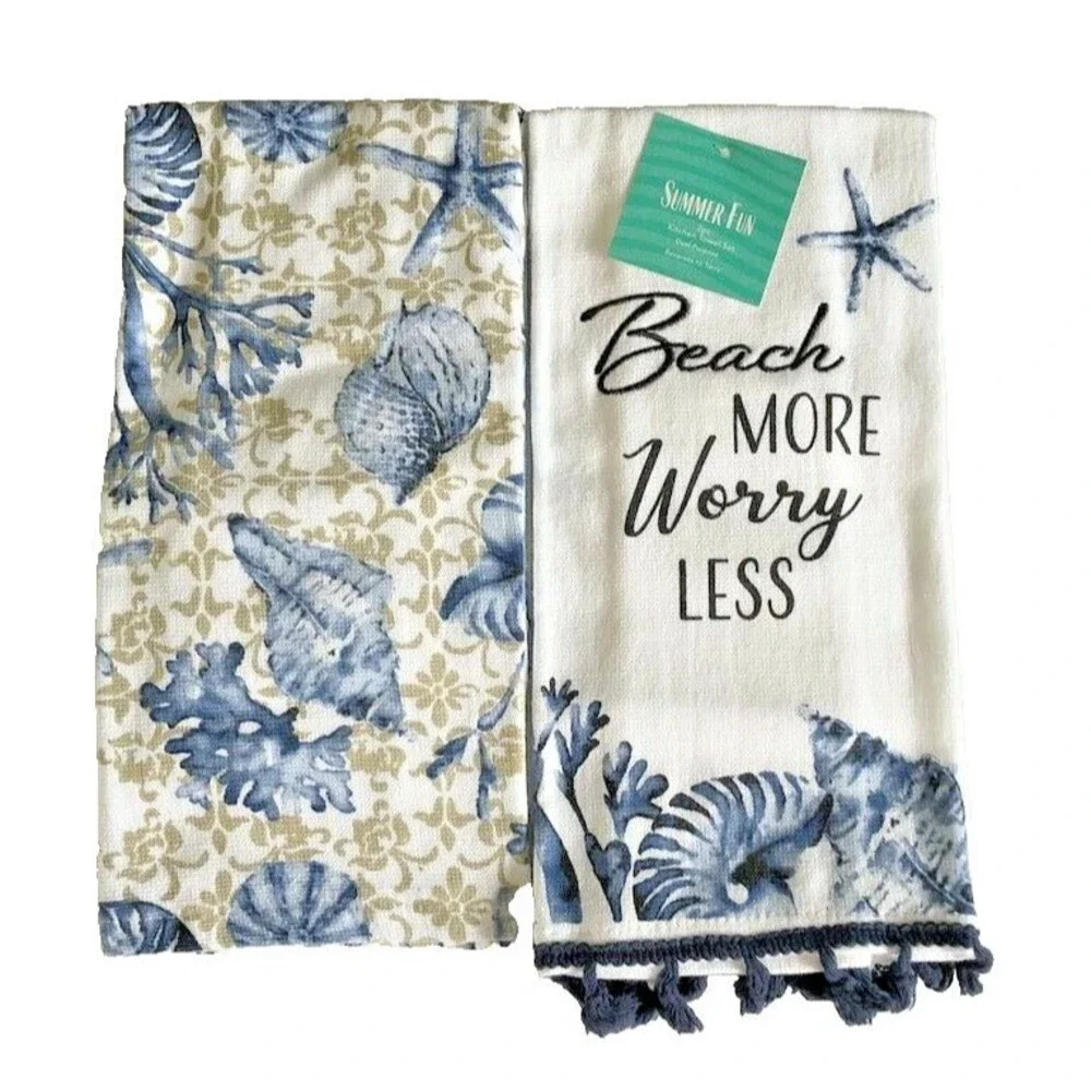 Summer Beach House Kitchen Dish Towels Beach More Worry Less Shells Set of 2